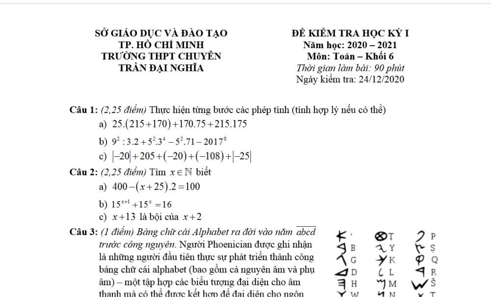 Toán 6-Đề kiểm tra cuối kì 1 Trường THPT chuyên Trần Đại Nghĩa năm học 2020-2021
